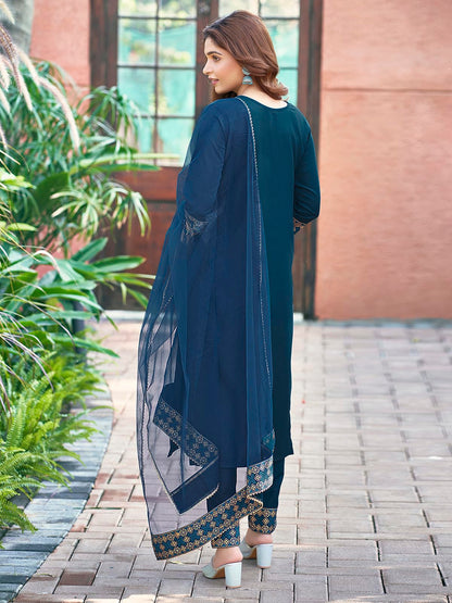 Sanisa WomenS Cotton Blend Sequence Embroidery Work Straight Kurta With Pant And Foil Printed Gota Lace Work Dupatta (137Kbd147