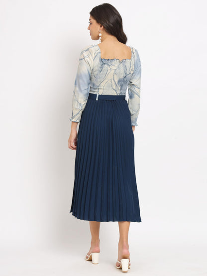 KZULLY Women A-Line Knee-Length Dress with Pleats, Has an Square Neck, Printed Top Comes with A Belt Blue