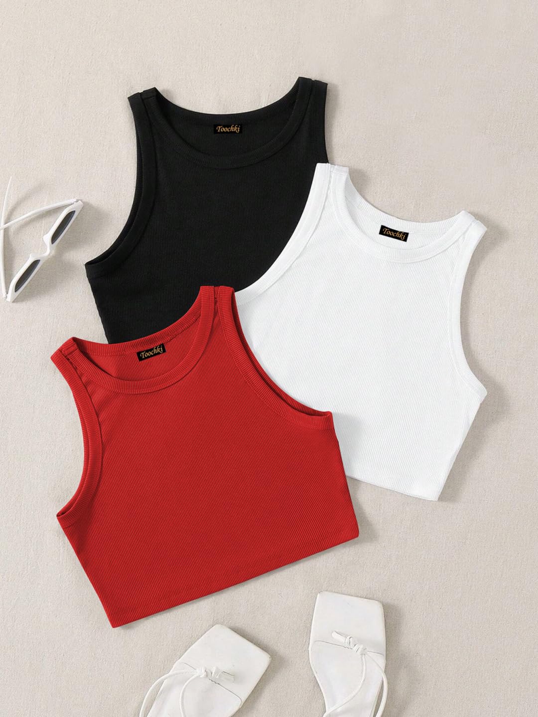 Toochki Tops for Woman | Spandex Top | Crop | Short | Western | for Jeans | Sleeveless | Stretchable | Pack of Three | Black-Whi