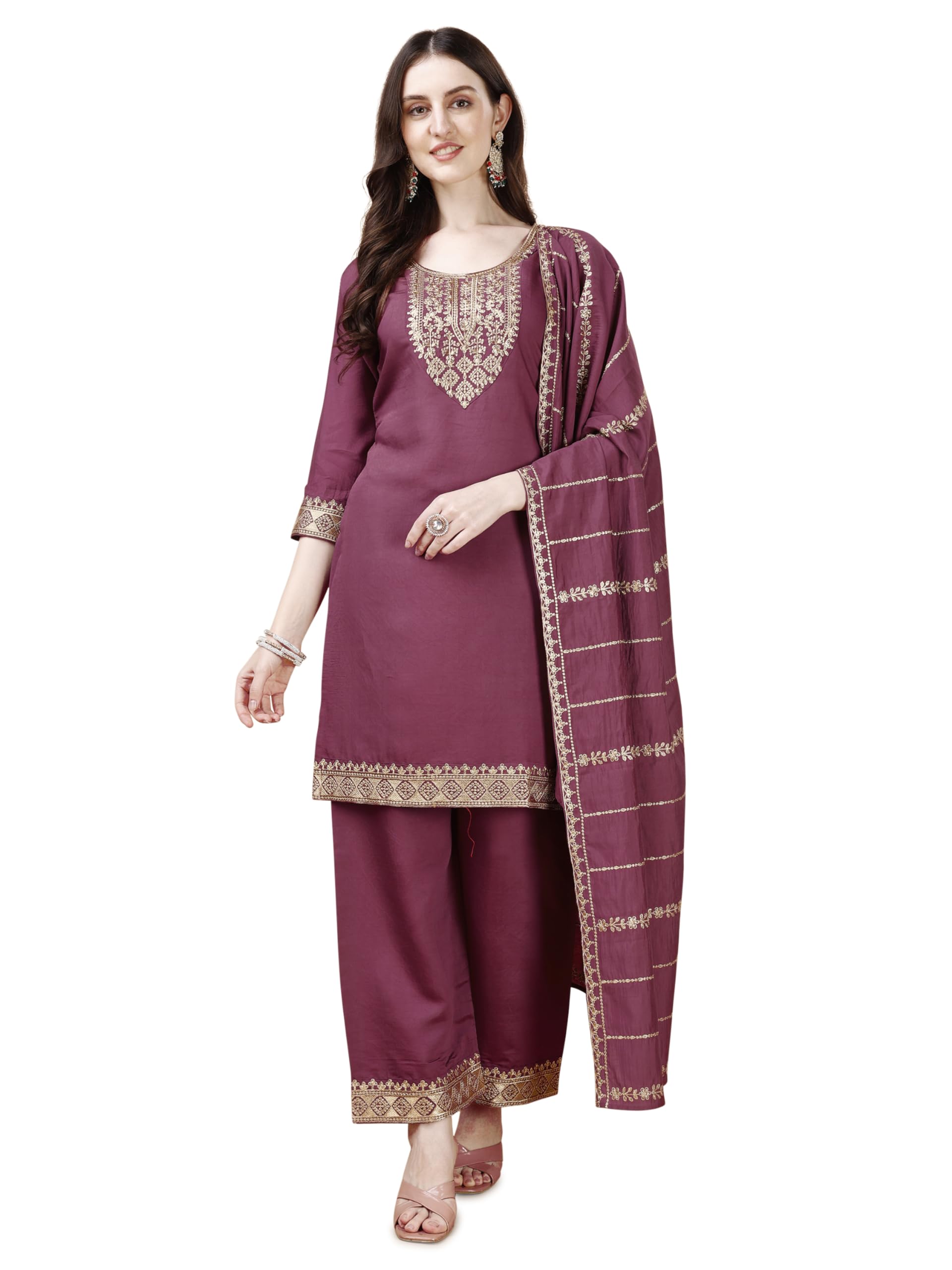 Pratham Blue Women's Chanderi Silk Embroidered Straight Kurta with Palazzos and Dupatta