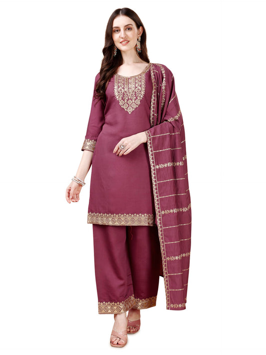 Pratham Blue Women's Chanderi Silk Embroidered Straight Kurta with Palazzos and Dupatta