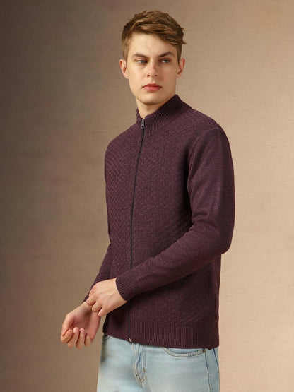Dennis Lingo Men Purple Solid Slim Fit Full Sleeve Mock Collar Pullover Sweater