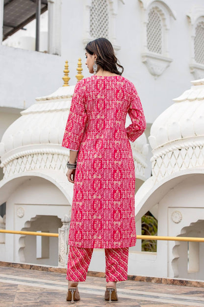 Varanga Women Pink Round Neck Embroidered Kurta Paired with Bottom and Printed Dupatta