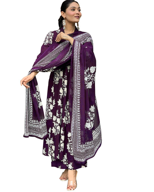 Toochki WomenS Rayon Viscose Anarkali Printed Kurta With Palazzo & Dupatta Purple Color