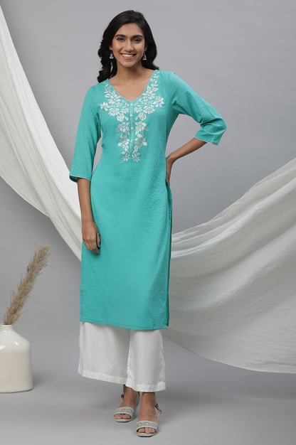 Aurelia Green Floral Printed Printed Cotton Rayon Blend Kurta With Thread Work