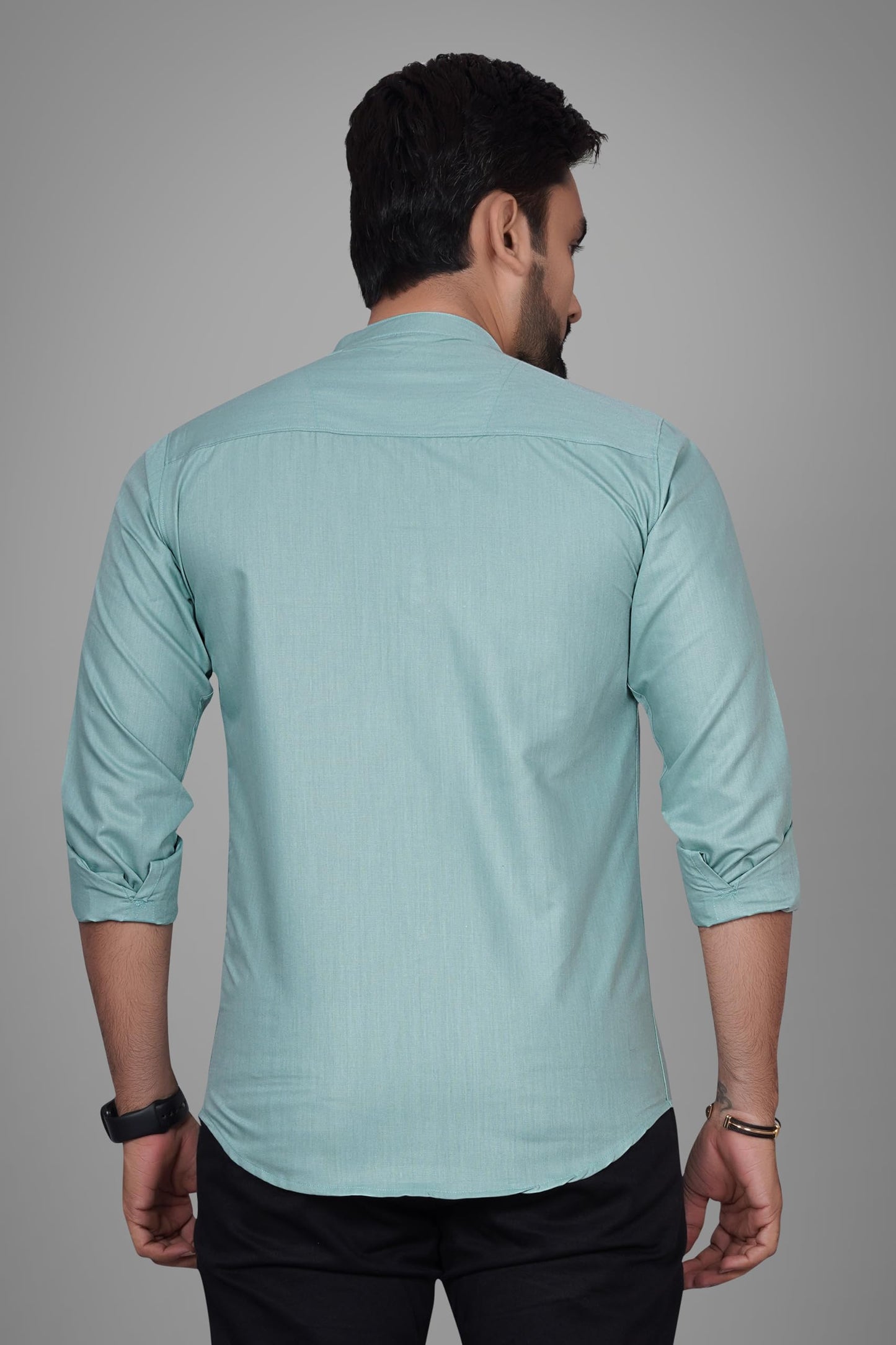 Besix MenS Cotton Solid Shirt With Mandarin Collared Full Sleeve Button Closure Curved Hem Straight Length And One Pocket | Mdr