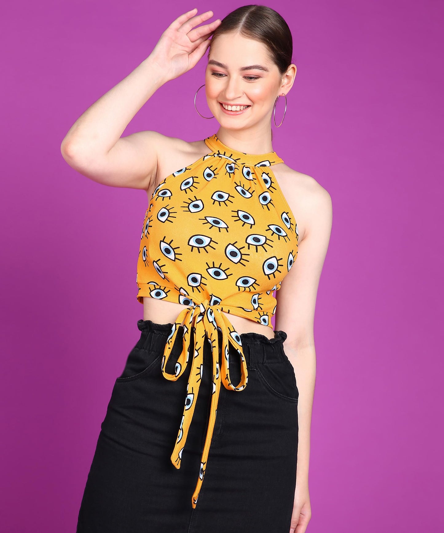 POPWINGS Women Casual Yellow Eye Printed Sleeveless Halter Neck String Knot Crop Top