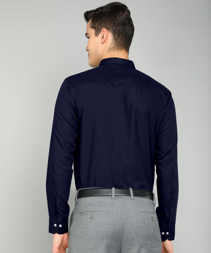 Mildin MenS Regular Cotton Blend Dark Blue Slim Fit Solid Button Down Spread Collar Full Sleeve Curved Hemline Formal Shirt Wit
