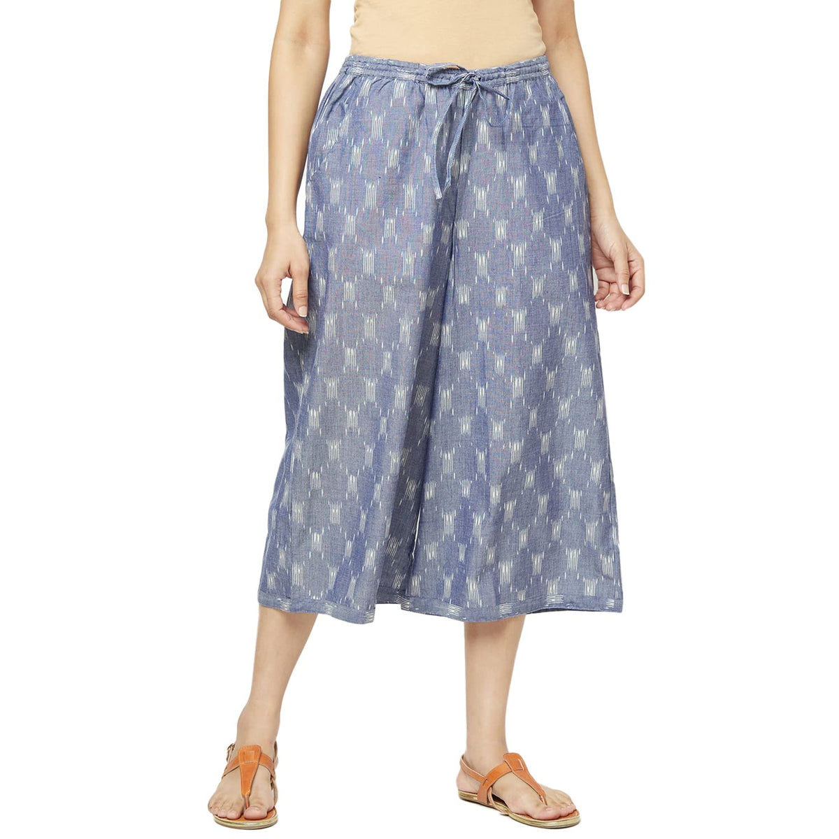 Fabindia Women Ikat Culottes Pant Cotton_M Blue