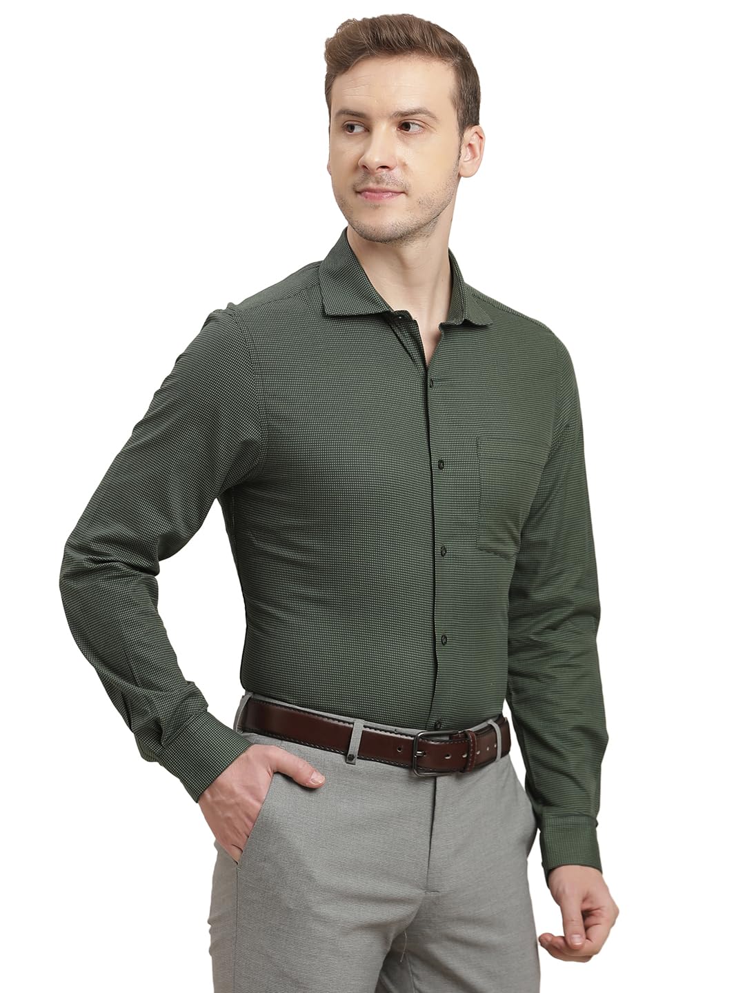 Turtle Men 100% Cotton Regular Fit Structure Green Formal Shirt