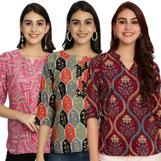 Pinkmint Tunic Top for Women ll Stylish Printed V Neck Button Down Combo Tops ll Stylish Short Top ll (Pack of 3)