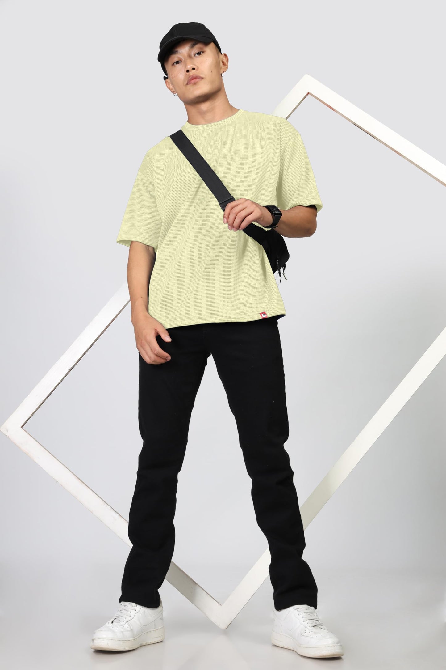 SHODOX Mens Solid Dotted Unique Design Oversized Tshirt for Men - Round Neck Loose Fit Drop Shoulder Mens T-Shirt Half White