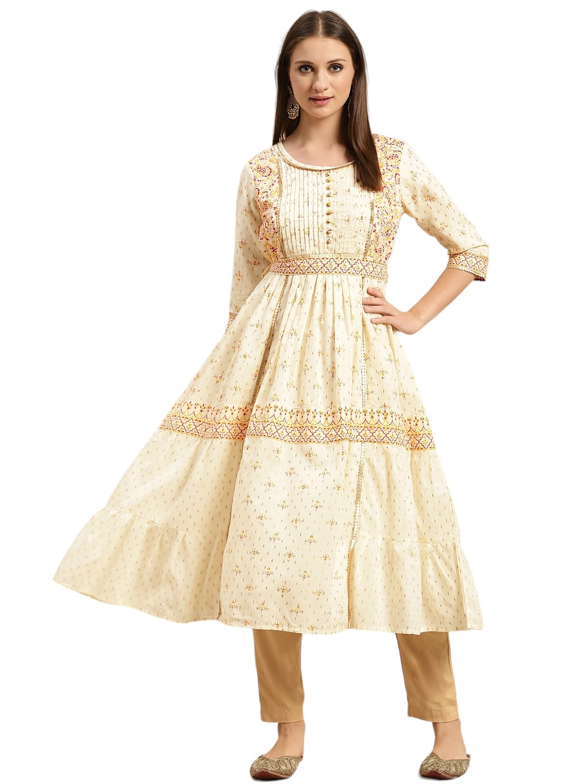 rangita Cream Cotton Calf Length Embroidered Anarkali Kurti for Women | Kurta for Women
