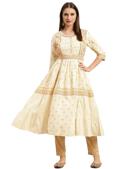 rangita Cream Cotton Calf Length Embroidered Anarkali Kurti for Women | Kurta for Women