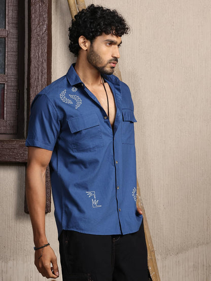 Thomas Scott Short Sleeve Double Pockets Self Printed Casual Shirts for Mens Teal