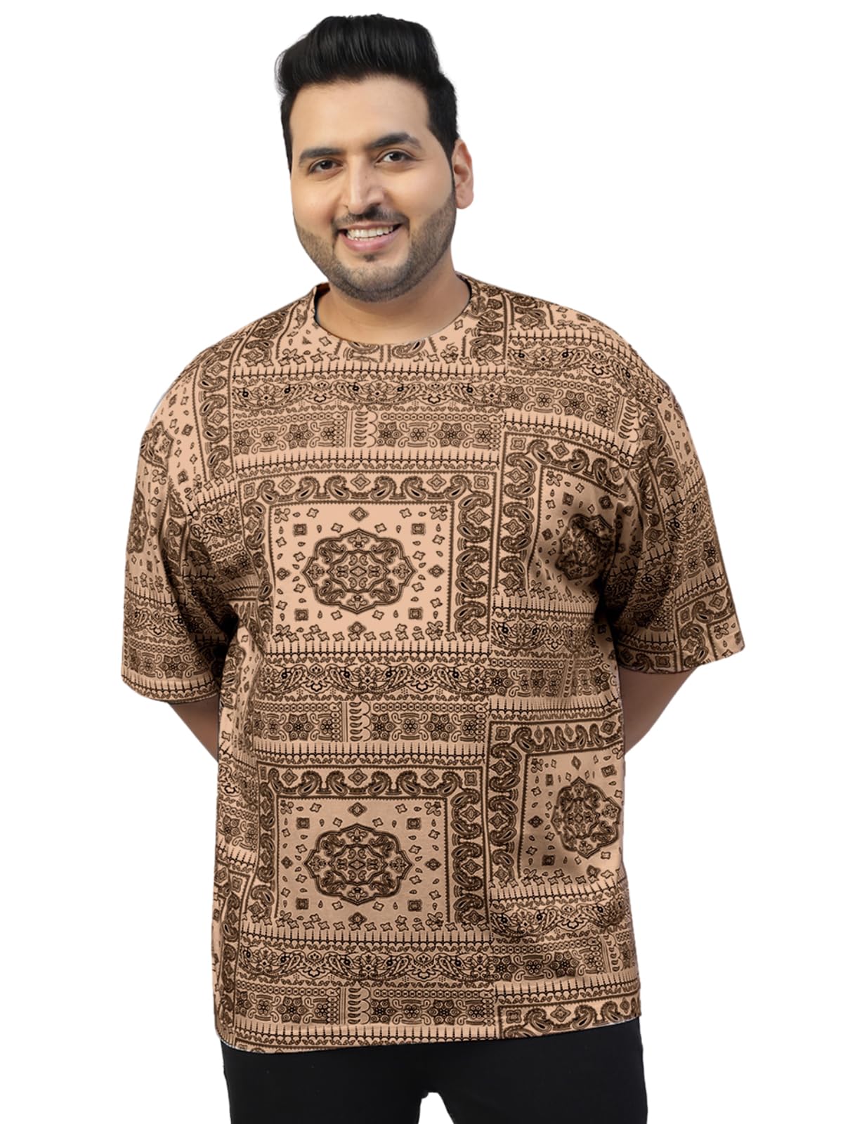 Veirdo Mens 100% Cotton Oversized Loose Baggy Fit Drop Shoulder Paisley Printed Plus Size T-Shirt Bei