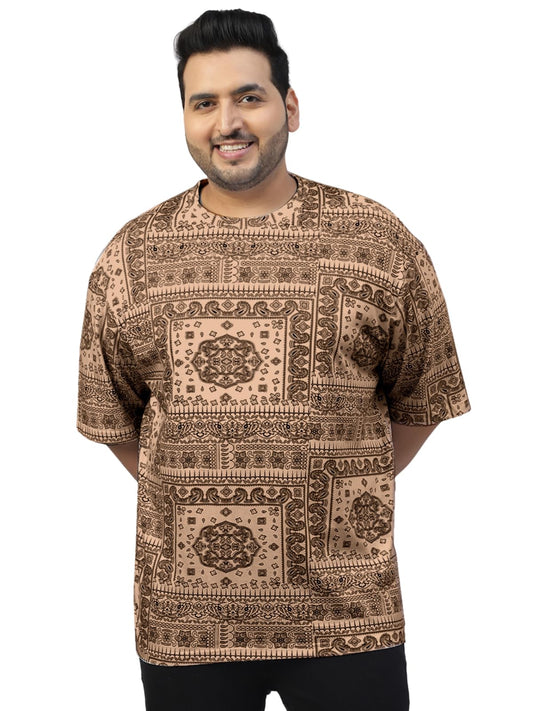 Veirdo Mens 100% Cotton Oversized Loose Baggy Fit Drop Shoulder Paisley Printed Plus Size T-Shirt Bei