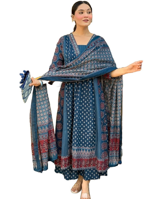 KLOSIA Women Rayon Printed Flared Anarkali Kurta And Pant With Dupatta Set