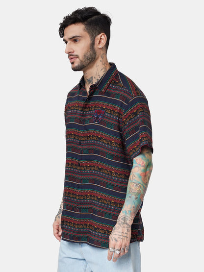The Souled Store Official Black Panther: Tribal Pattern Men and Boys Relaxed fit Half Sleeve Rayon Navy Blue Color Men Summer Sh