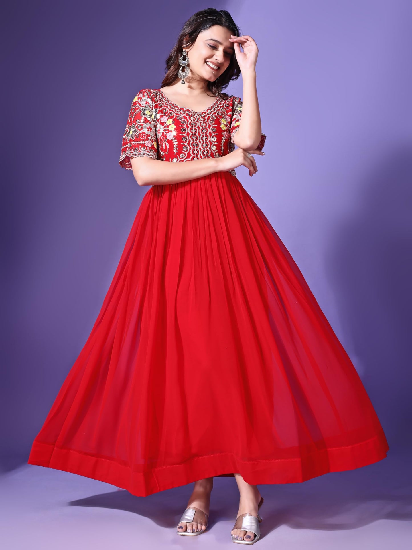 Fashion Basket Georgette Anarkali Dress For Women Red