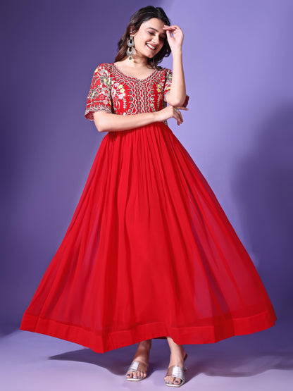 Fashion Basket Georgette Anarkali Dress For Women Red