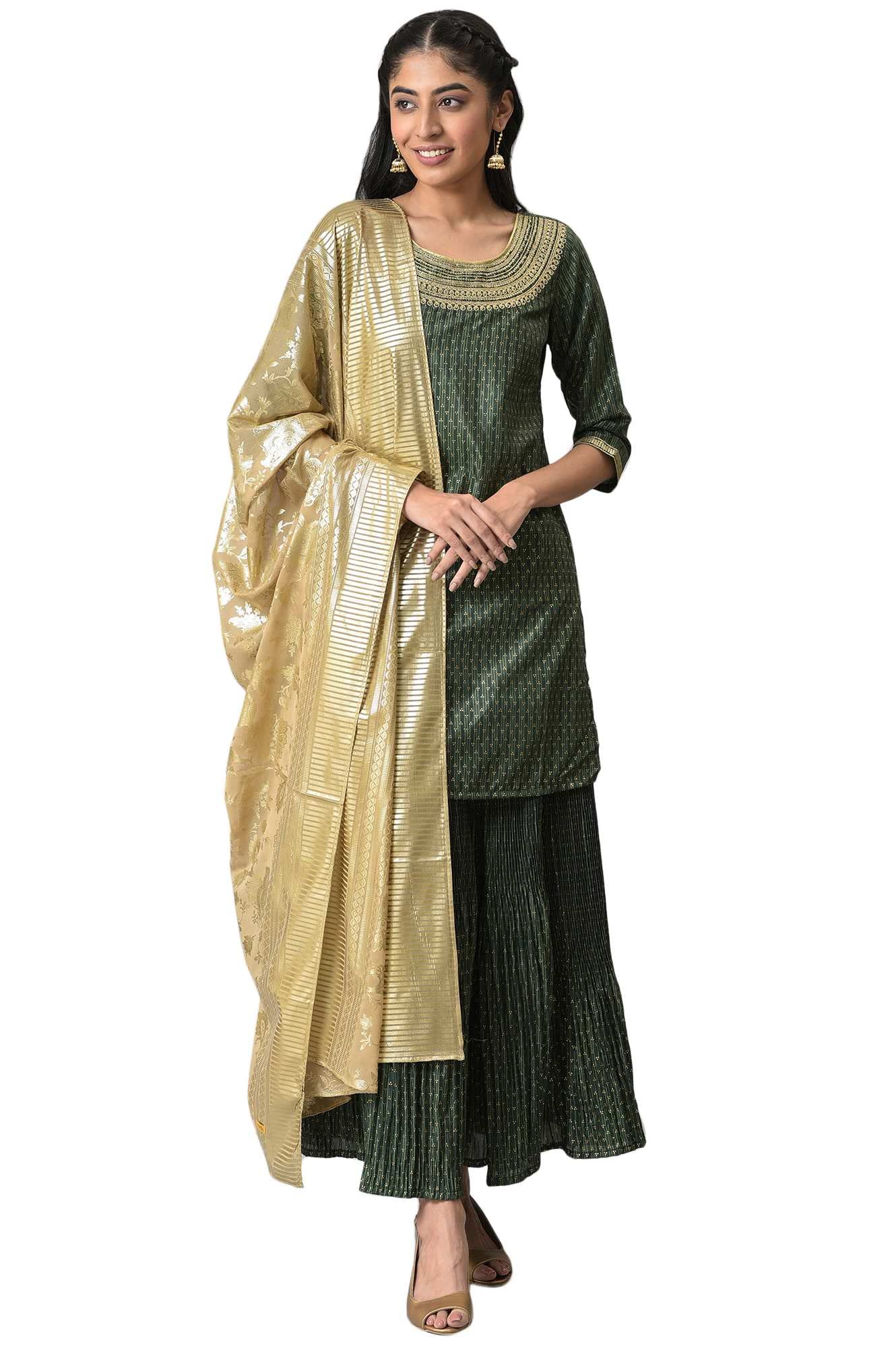 Aurelia Women Green Embroidered Kurta With Flared Skirt And Golden Dupatta