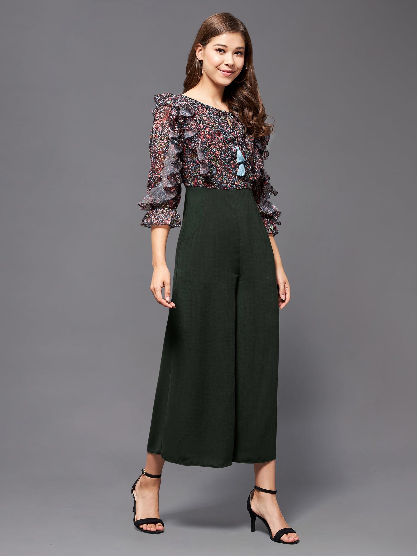 Miss Chase WomenS Multicolored-Base-Green Printed Round Neck 3/4 Sleeves Polyester Ruffled Regular Length Jumpsuit (Mcss22D15-4