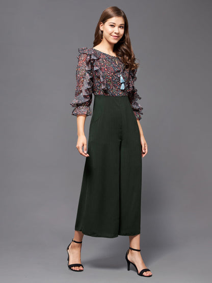 Miss Chase WomenS Multicolored-Base-Green Printed Round Neck 3/4 Sleeves Polyester Ruffled Regular Length Jumpsuit (Mcss22D15-4