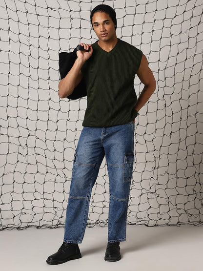 Hubberholme Men Acrylic Knitted Relaxed Fit Round Neck Sleeveless Sweaters 12 Green