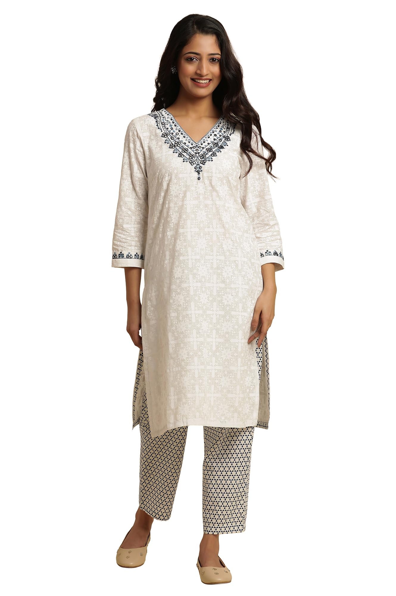 W For Woman W For Womanhite Geometric Printed Cotton Regular Kurta