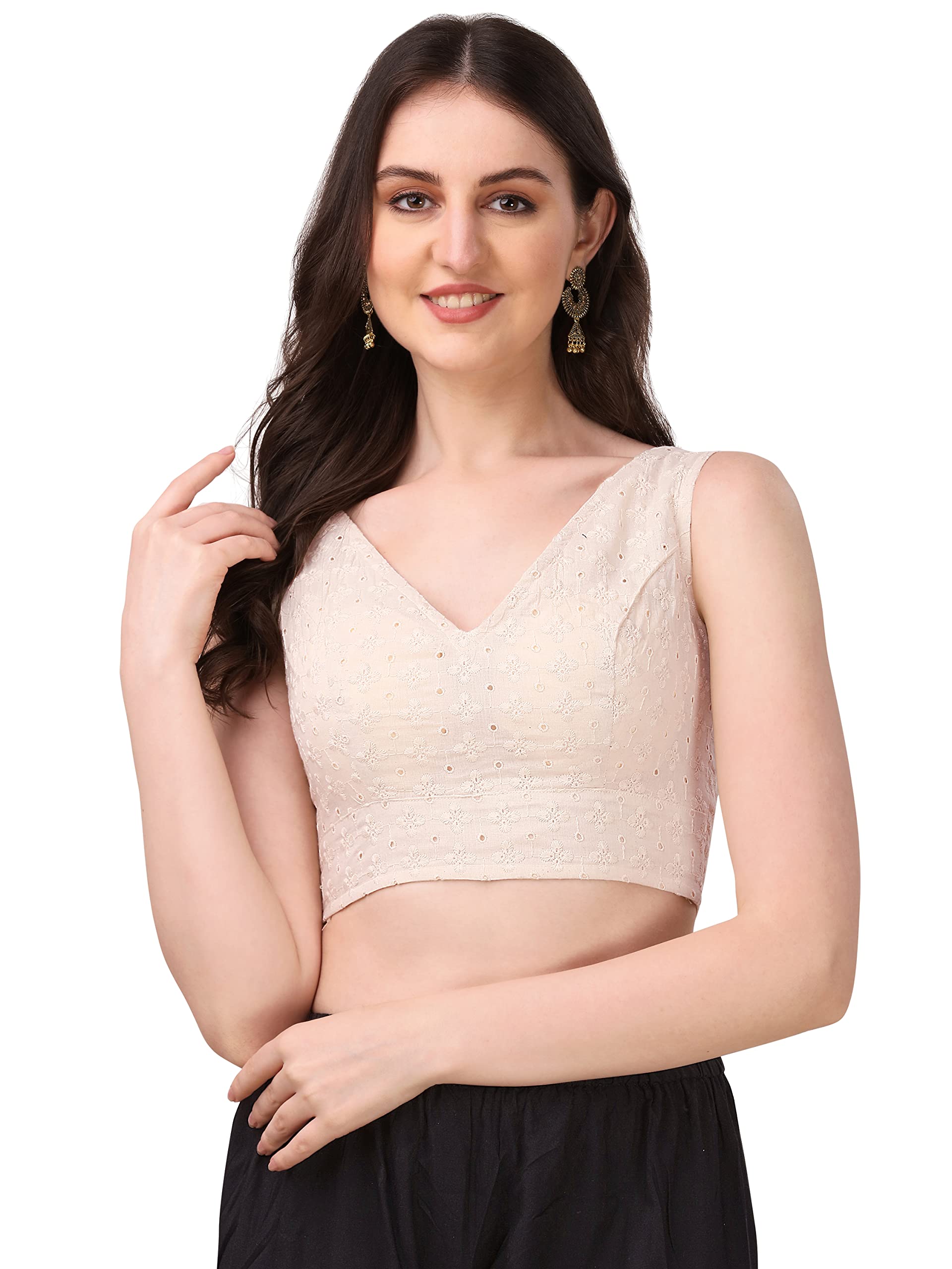 OOMPH! Womens Indian Ethnic Wear Designer Abstract Pattern V Neck Sleeveless Cotton Off-White Blouse for Saree or Lehnga and Bl