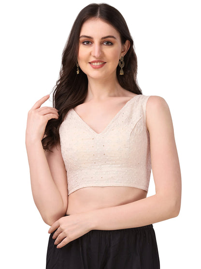 OOMPH! Womens Indian Ethnic Wear Designer Abstract Pattern V Neck Sleeveless Cotton Off-White Blouse for Saree or Lehnga and Bl