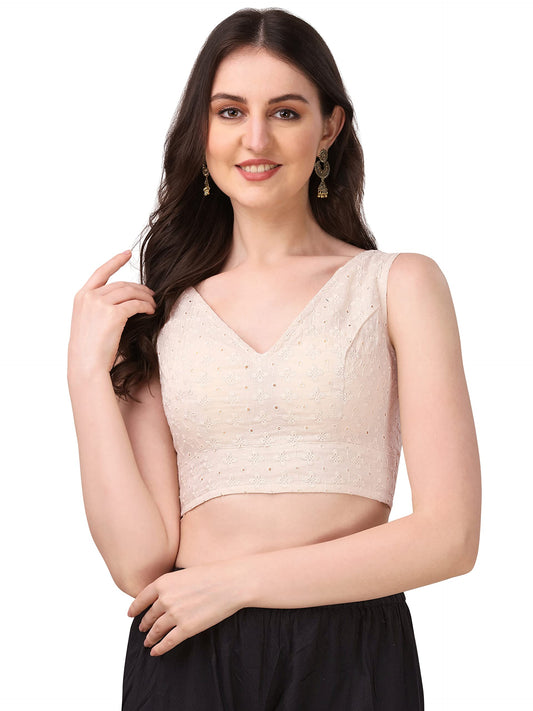 OOMPH! Womens Indian Ethnic Wear Designer Abstract Pattern V Neck Sleeveless Cotton Off-White Blouse for Saree or Lehnga and Bl