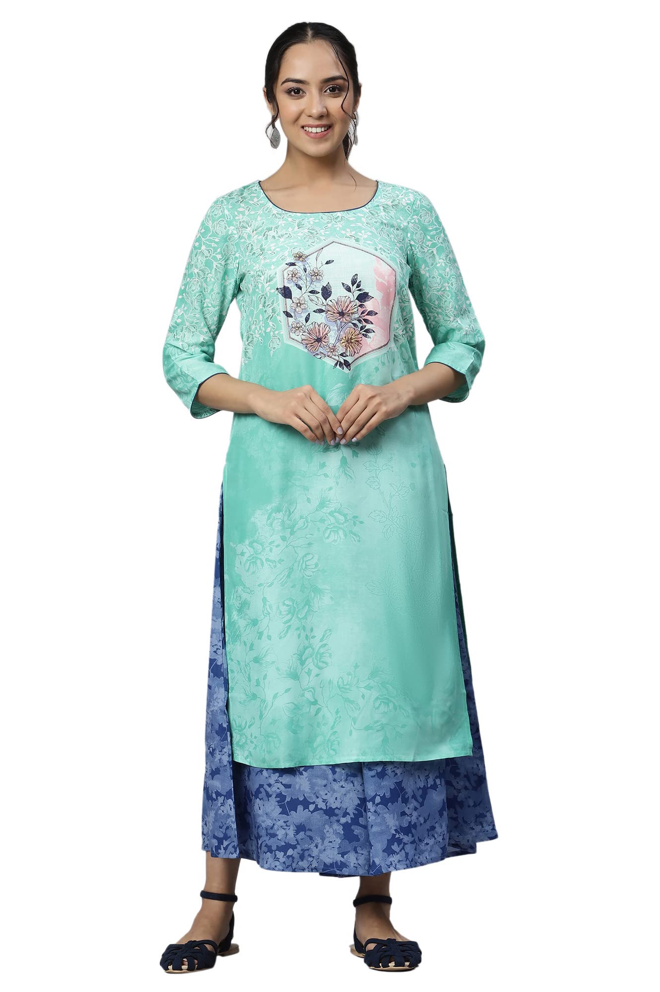 Aurelia Women Neptune Green Rayon Floral Printed Straight Kurta_22Aua13543-504555_Xl