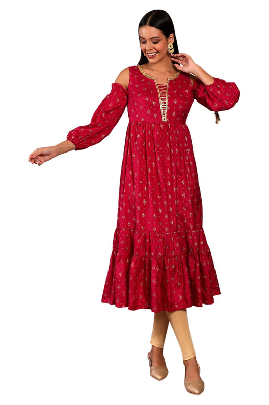 Aurelia Women's Polyester Pink Floral Round Neck Straight Kurta