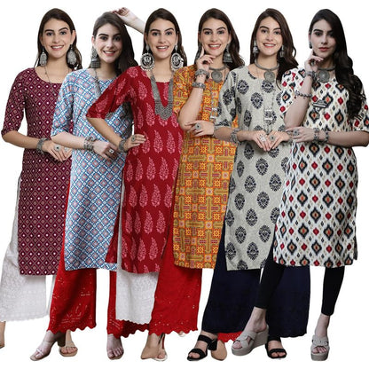 Tee Projekt Crepe Verstaile Straight Printed Kurti For WomenS Ll Casual Wear Kurti (Pack Of 6)