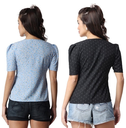 POPWINGS Casual Floral Printed Round-Neck Puff-Sleeves Tops Combo for Women