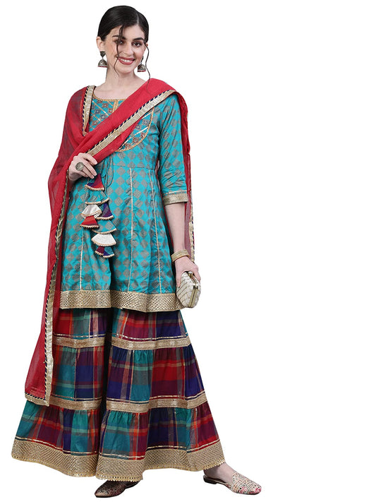 ishin Women's Viscose Rayon Embroidered Gotta Patti Blue Checked Print A-Line Kurta suit set With Dupatta & Sharara