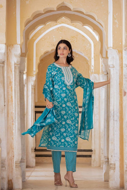 Varanga Women Blue Printed Round Neck Straight Kurta With Thread Embroidered Yoke, Three-Quarter Sleeves, Side Slits, Paired Wit