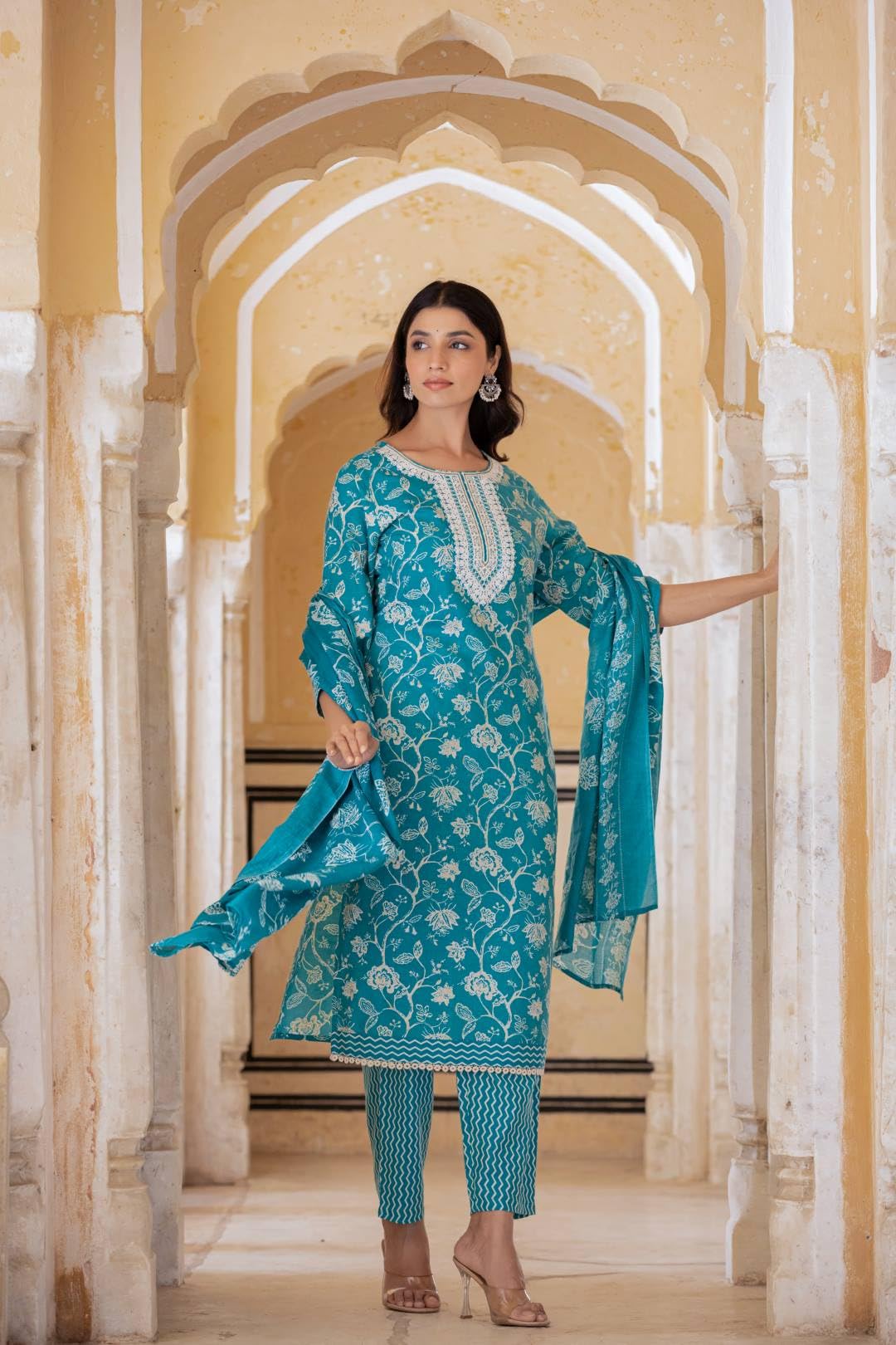 Varanga Women Printed Round Neck Straight Kurta With Bottom And Dupatta  Stylish & Comfortable Ethnic Wear