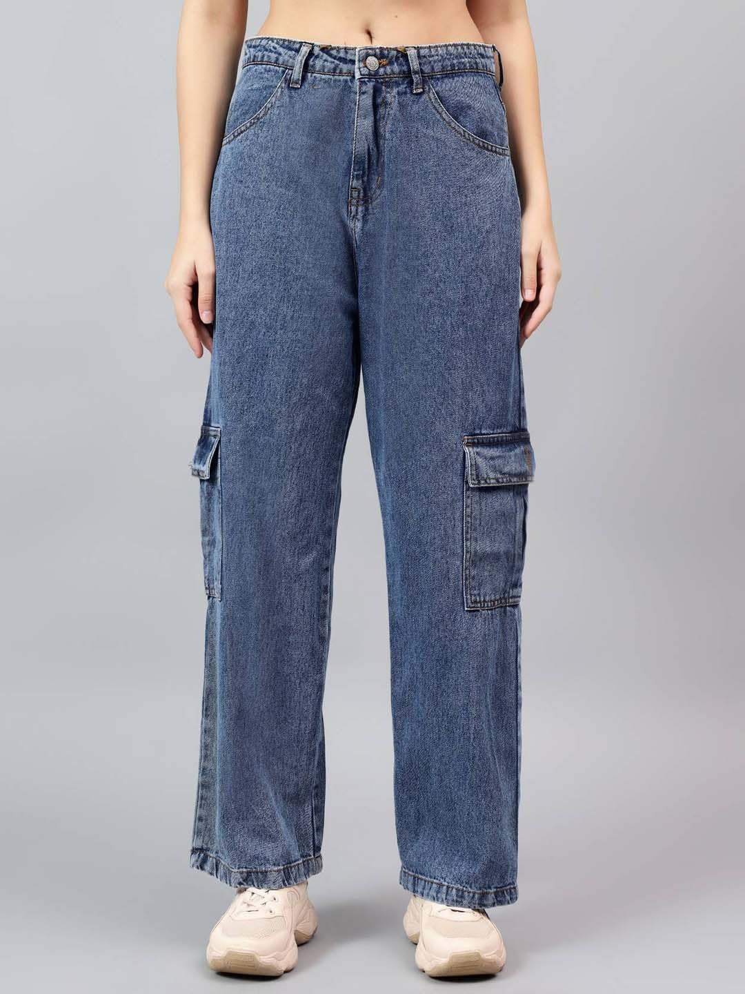 Kotty WomenS High Rise Solid Cotton Blend Stylish Cargo Jeans(Blue,30)