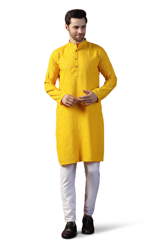 Toplot Kurta For Men || MenS Ethnic Wear Sequin Embroidered Cotton Blend Kurta Set || MenS Kurta (Men-Seq-Kurta-Set-5209-Yello