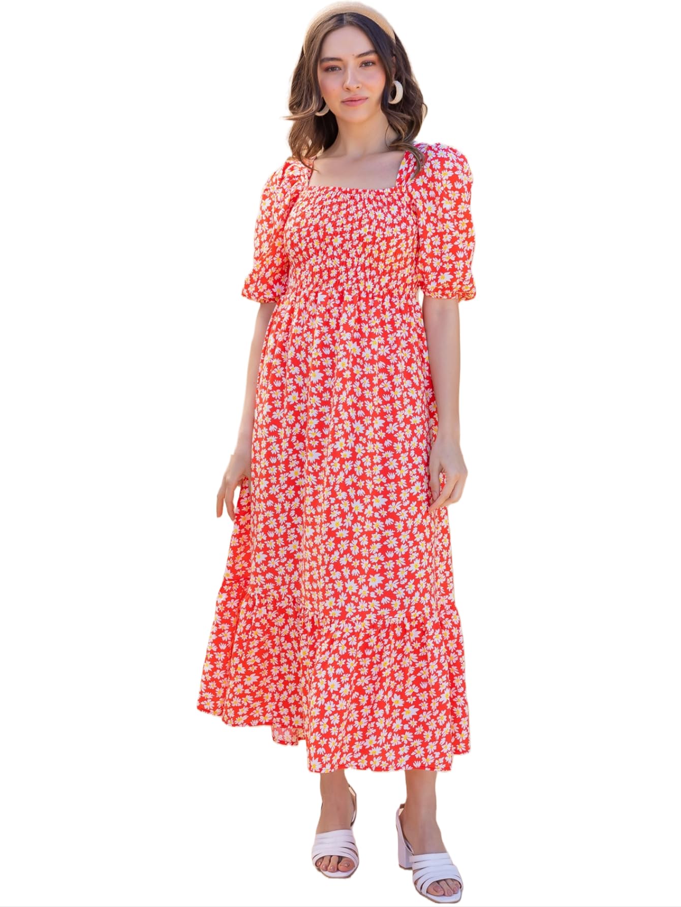 Sheetal Associates WomenS Casual Flower Print Puff Sleeves Maxi Dress - Pack Of 1 Red