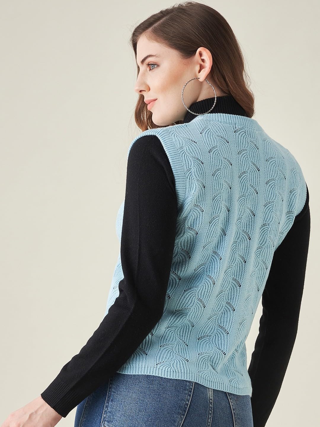 Modeve Self Design V Neck Casual Women Light Blue Sweater||Winterwear||