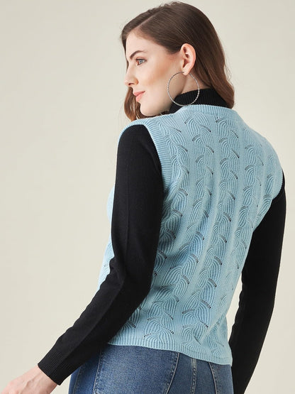 Modeve Self Design V Neck Casual Women Light Blue Sweater||Winterwear||