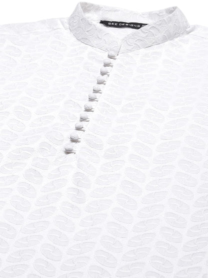 See Designs Cotton Men White Chikankari Embroidered Straight Kurta With Pyjama