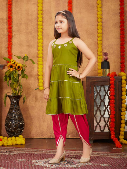 Aarika Girls Ethnic Wear Mehendi Colour Sequins With Gota Lace Work Rayon Dhoti Kurta Set (5-11 Years)