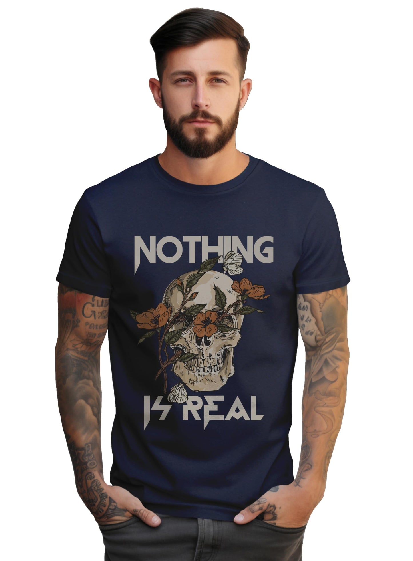 Peppyzone Mens Regular Fit T-Shirt (PZ-Skull458_Navy Blue