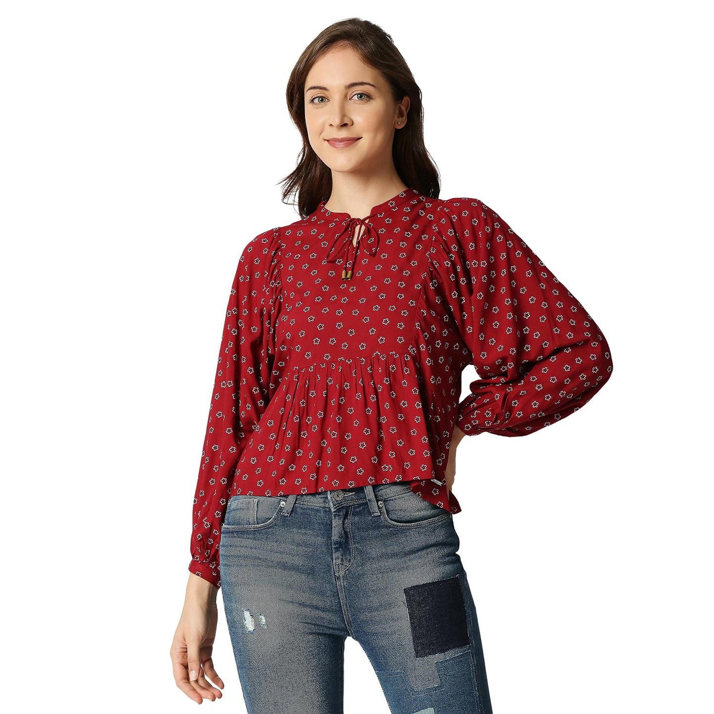 Pepe Jeans Printed Rayon Round Neck Womens Casual Shirt (Brown, Large)