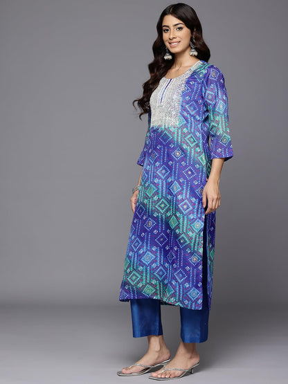 Varanga WomenS Blue Bandhani Printed Zari Embroidered Kurta With Bottom And Dupatta